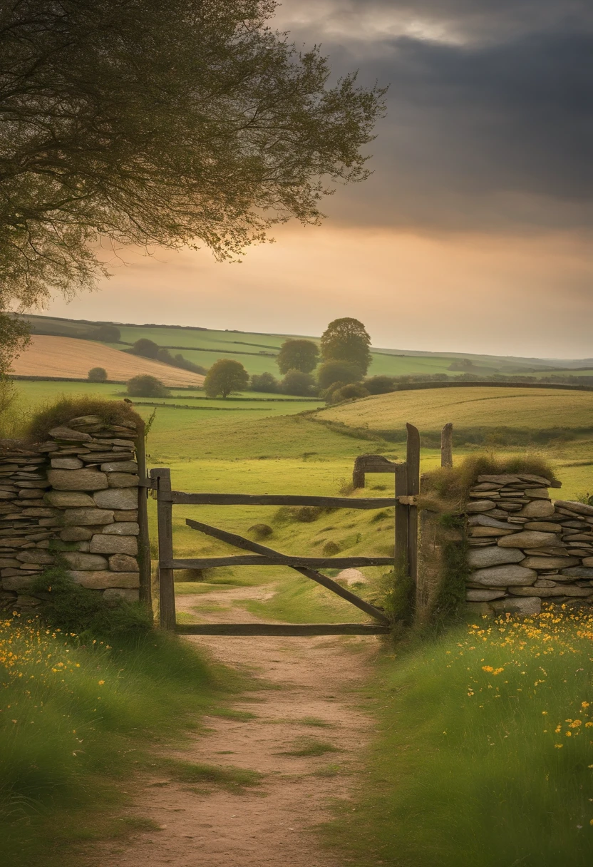 foreground wooden farm gate in old dry stone wall with grass and plants. middle ground English rural farmhouse and trees with a field in front with scattered wildflowers and a path to the gate. atmospheric sky in the background. hi res. realistic.