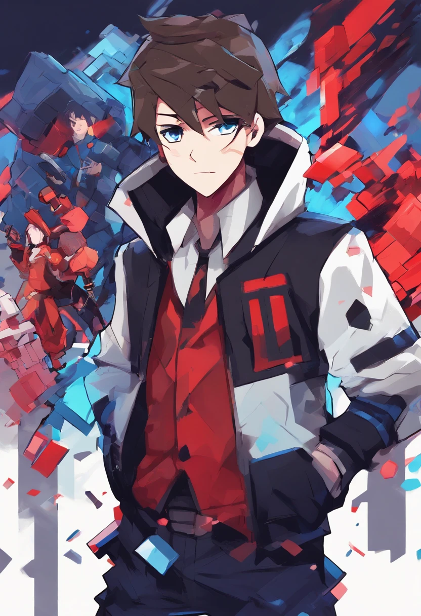 Anime boy wearing black jacket and white shirt with red and blue jacket, style of anime4 K, Badass anime 8 K, trigger anime artstyle, High Quality Anime Art Style, Anime art wallpaper 8 K, Anime art wallpaper 4k, Anime art wallpaper 4 K, Anime boy, 4K anime wallpaper, Tall anime guy with blue eyes, Anime wallpaper 4 k