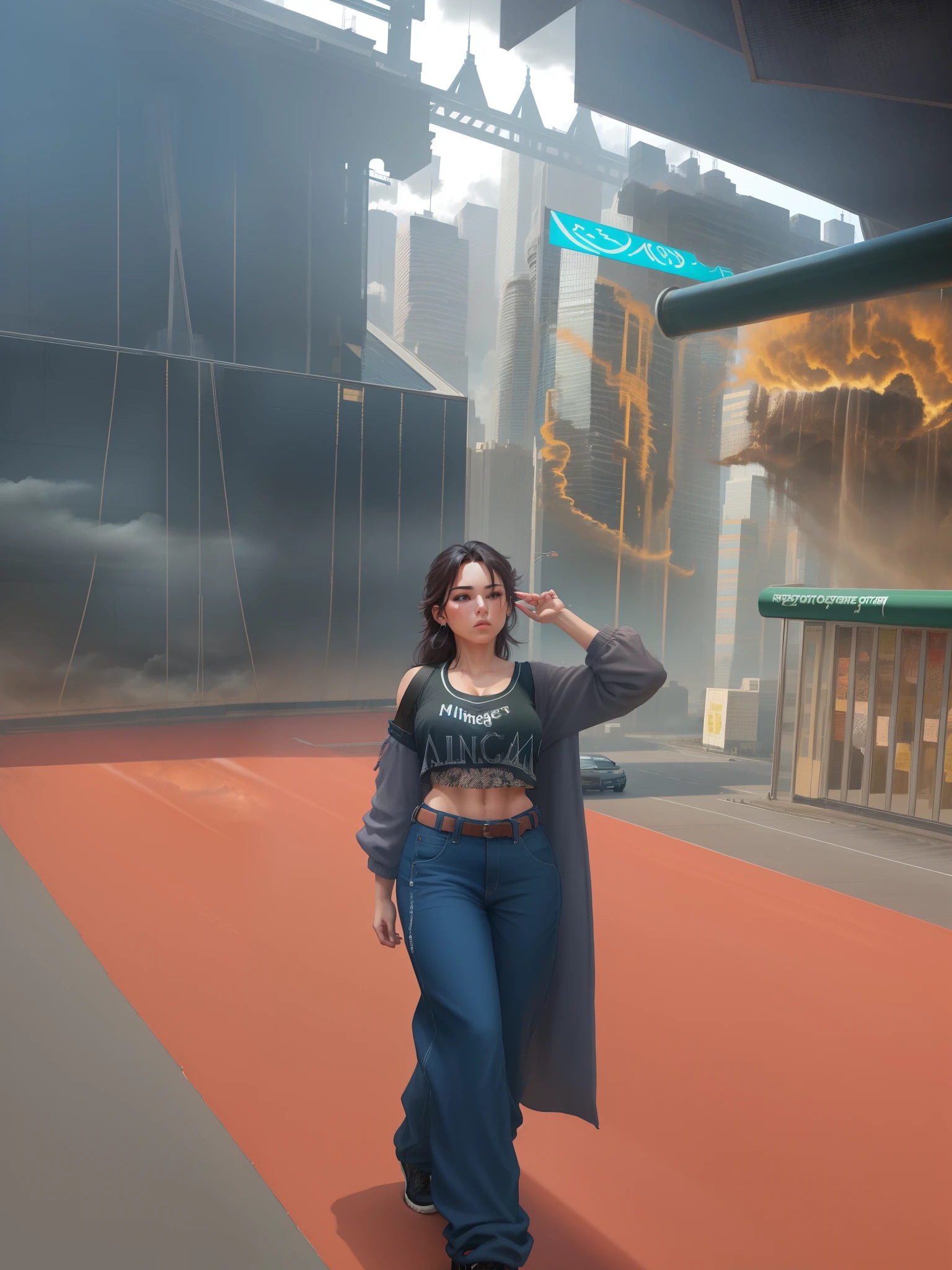 "A towering Giantess in a cool and laid-back hippie style is rocking a crop top and baggy pants. Her toned and athletic build hints at her massive strength. She seems to be casually strolling through the bustling cityscape of GTS City, as towering buildings loom overhead. Smoke and clouds roil around her, adding to the sense of epic scale and drama. The lighting is dark, gloomy, and realistic, creating a tense and ominous atmosphere. The perspective is from below, emphasizing the sheer majesty and power of the Giantess."