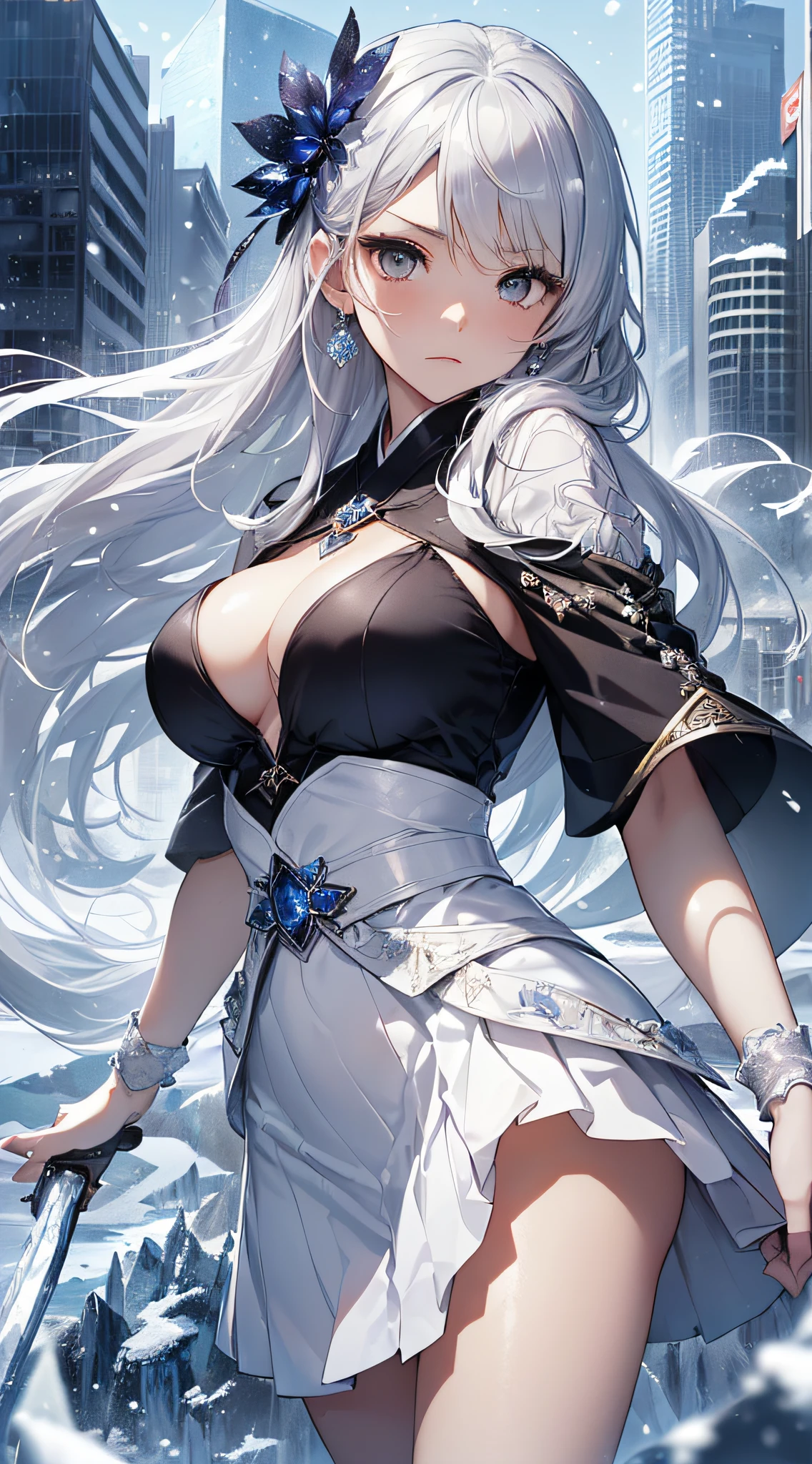 top-quality、Top image quality、masterpiece、girl with((18year old、Best Bust、Medium bust、Bust 85,beautiful silver eyes、Breasts wide open,Semi-long hair in white silver、A slender、Large valleys、Reflecting the whole body、White Japanese Clothing、White short skirt、With an ice sword、Ice Magic Circle、Serious face、Sapphire Hair Ornament、close range、Rear view、Turn around))、hiquality、Beautiful Art、Background with((City of Ice、Iceville、ice tower、snow blowing、Oyuki、Snow World))、masutepiece、visualart、depth of fields、Freezing of vision