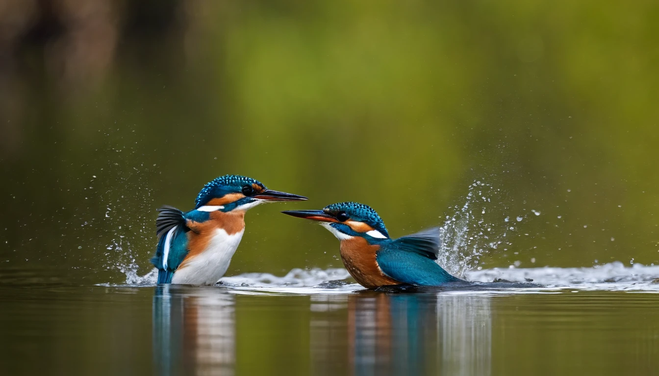Kingfishers fly on the water,Fish in the mouth,Water droplets fly,Features,Natural soft light,《National Geographic》photore,In the forest,looking menacing, Surrealists, Photogram, Very high resolution photos,cannon RF600 F4L photo