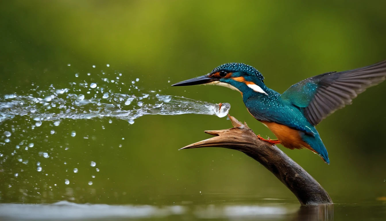 Kingfishers fly on the water，Fish in the mouth，Water droplets fly，Features，Natural soft light，《National Geographic》photore，In the forest，looking menacing, Surrealists, Photogram, Very high resolution photos，cannon RF600 F4L photo