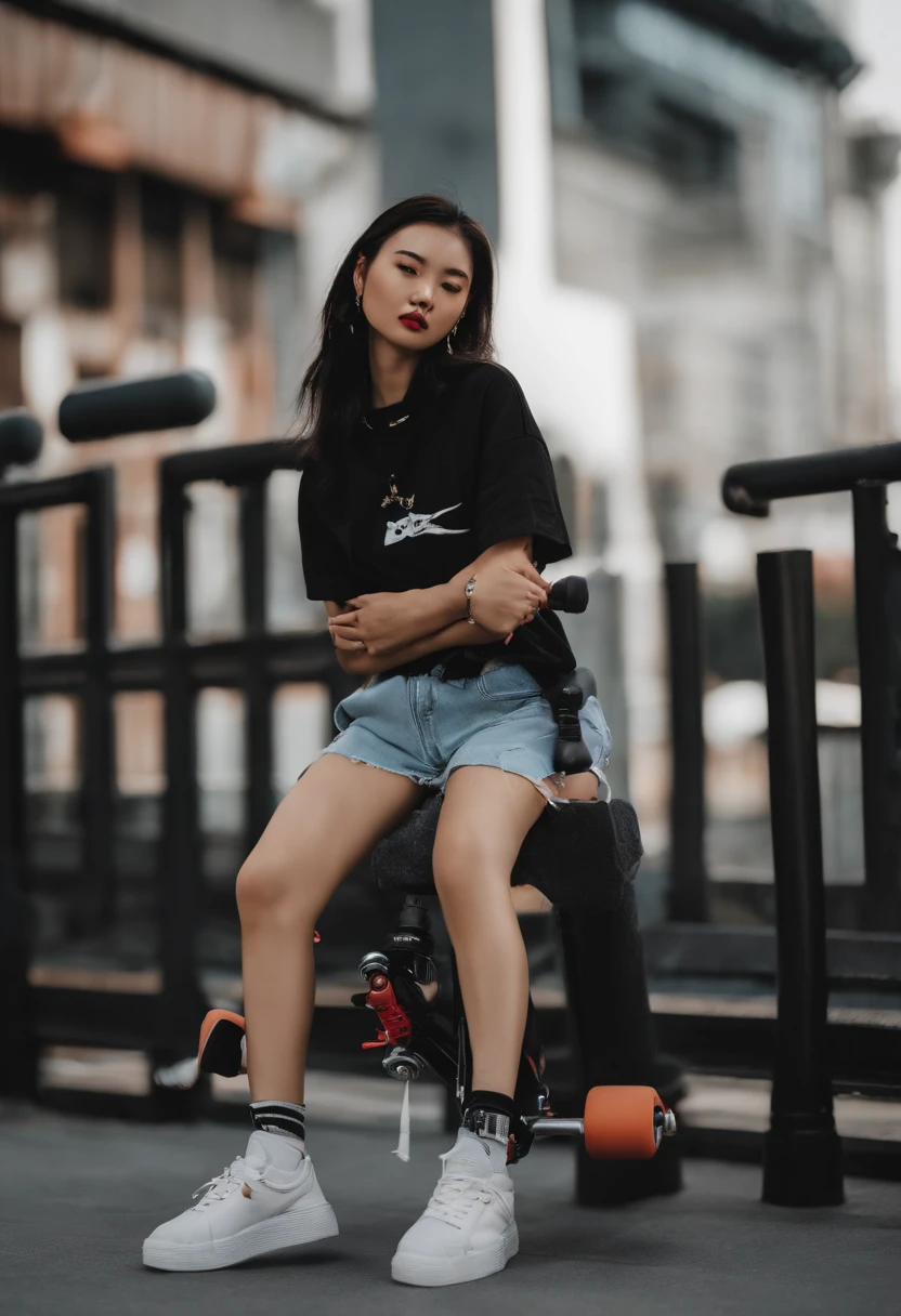 Chinese girl leaning on a pole with a skateboard, She is seen wearing streetwear pieces, Woman in streetwear, female streetwear blogger, streetwear fashion, skateboarder style, 2 techwear women, hiphop urban inspired, street clothing, Stand on a skateboard, japanese streetwear, cyberpunk streetwear, black red white clothes, wearing japanese techwear, skateboards, Street attire, street clothing