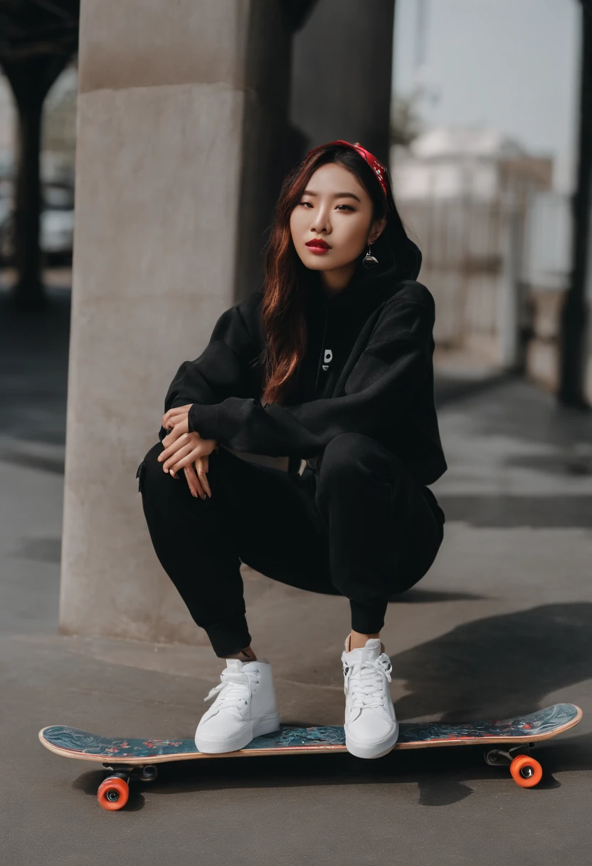 Chinese girl leaning on a pole with a skateboard, She is seen wearing streetwear pieces, Woman in streetwear, female streetwear blogger, streetwear fashion, skateboarder style, 2 techwear women, hiphop urban inspired, street clothing, Stand on a skateboard, japanese streetwear, cyberpunk streetwear, black red white clothes, wearing japanese techwear, skateboards, Street attire, street clothing