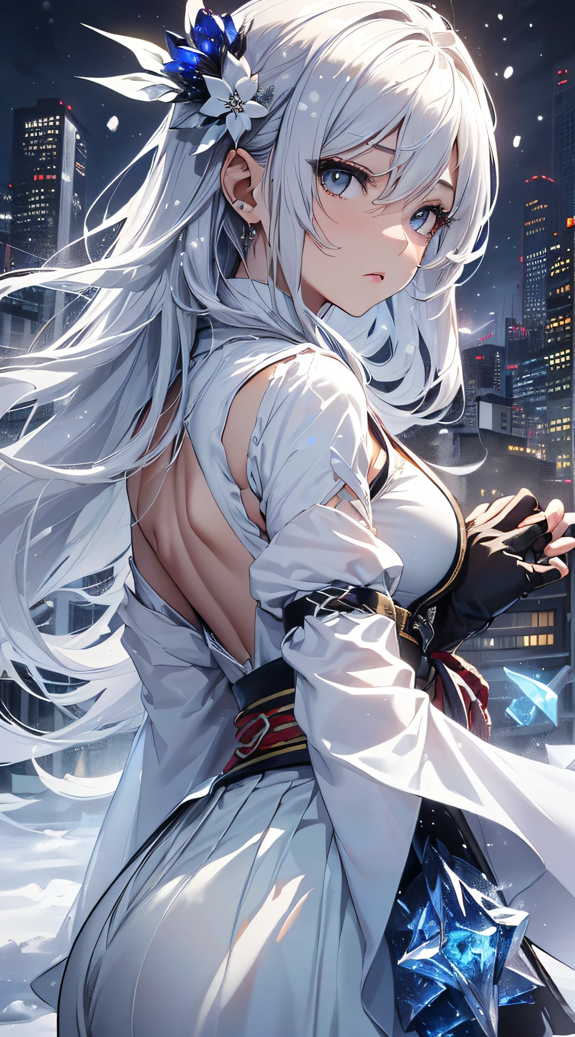 A beautiful white-haired woman, young, skinny, with messy and spiked hair, extremely detailed, delicate facial features, piercing eyes, full lips, long eyelashes, porcelain skin, serene expression, fingerless white gloves, cyberpunk features, eletronic details, futuristic details, flowing white hair, detailed cyberpunk kunoichi clothing, red and white textile patterns, fantasy style, cinematic lighting, vibrant colors, 8k, best quality, masterpiece, standing, cute, holding chains whip, fullbody shot, cowboy shot