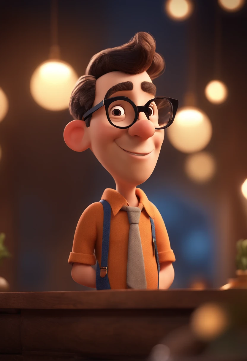 Cartoon character of a man with black glasses and a blue shirt, animation character, Caractere estilizado, animation style rendering, 3D estilizado, Arnold Maya render, 3 d render stylized, toon render keyshot, Personagem 3D, Personagem 3D, 3d rendering stylized, 3 d character render, personagem de desenho animado, Personagem de close up, Pose de personagem, (Estilo Pixar) (master part:1.2) (Bokeh) (best quality) (pele detalhada) (textura detalhada) (8k) (argila) (Cinematic lighting) (foco nítido