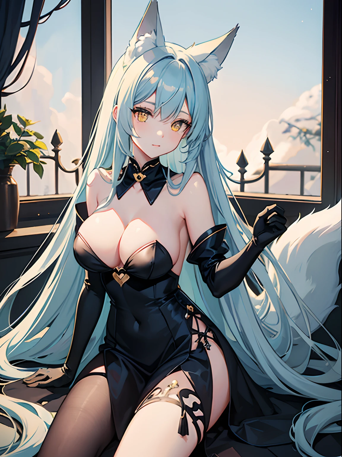 Long Hair, Light Blue Hair, Yellow Eyes, Heart pupils, bare shoulder, Fox Ears, 9 Tails, Big Boobs, Wearing Black Dress, Nighttime, Wearing Black Gloves, Inside a house