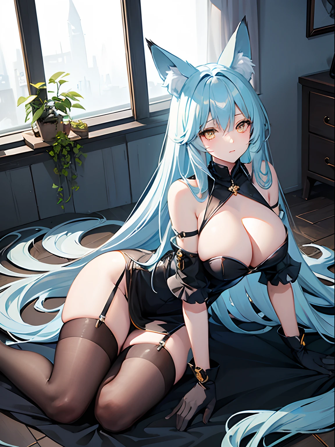 Long Hair, Light Blue Hair, Yellow Eyes, Heart pupils, bare shoulder, Fox Ears, 9 Tails, Big Boobs, Wearing Black Dress, Nighttime, Wearing Black Gloves, Inside a house