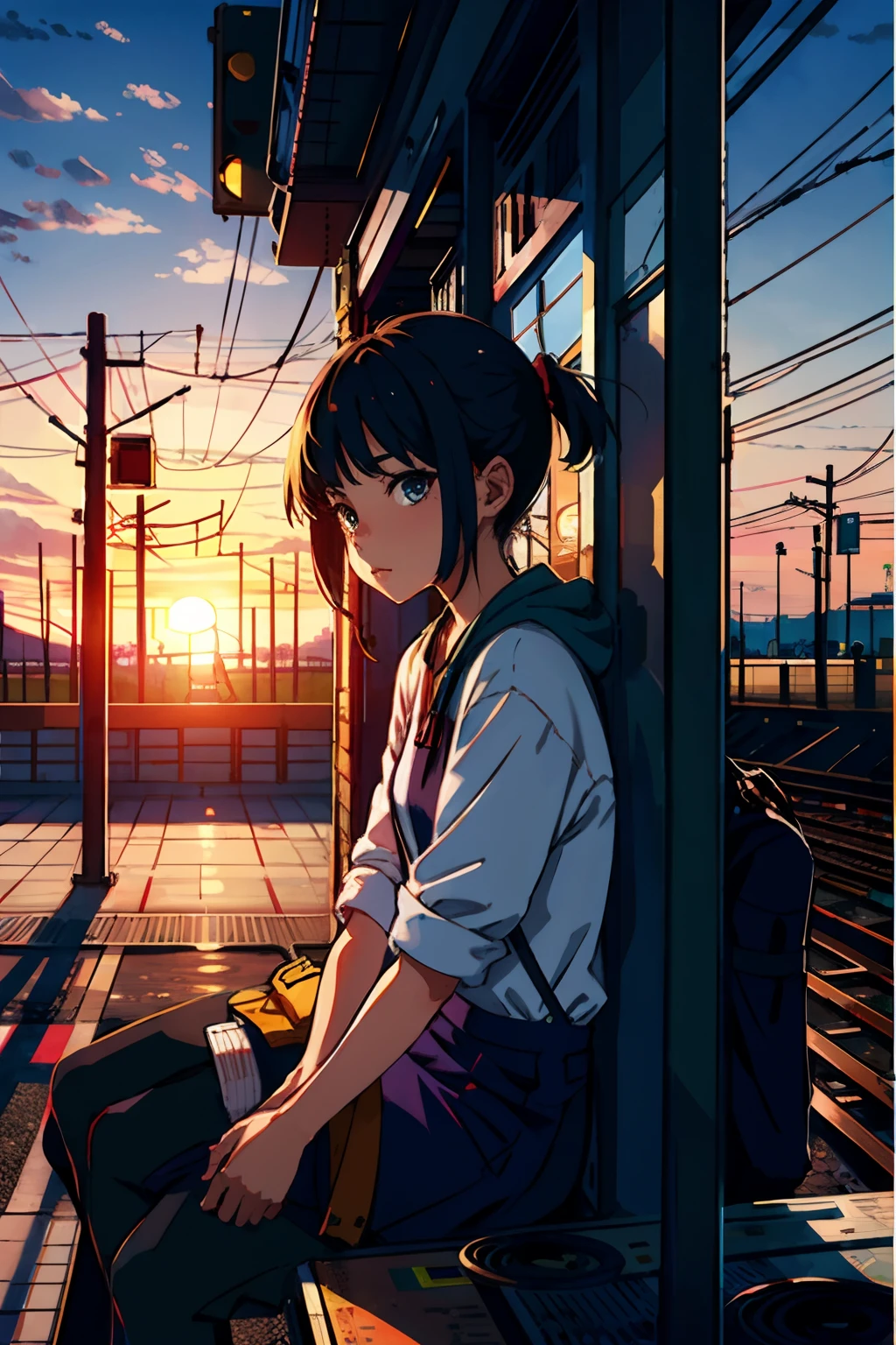 Girl sitting at the station, Sunset