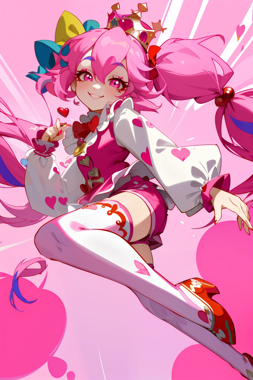 Crazy, girl, long hair, curly hair, pink hair, full body picture, pink eyes, heart shaped pupils, insane smile, blood splatter, 1GIRL, insane girl in long pink hair, crown, princess bubblegum style, finely detailed, (best quality), (intricate details), cute style, , jester style, multicolored, ((long pink messiest hair in pigtails)), best quality, ((long sleeve shirt and shorts)), ((red and white clothes)), ((jester style clothes)), ((thigh high socks)), ((round eyes)), ((has jester makeup)), beautiful face, happy, cute face, pinup, perfect face, simple background portrait, clowh hear cards, bubble gums