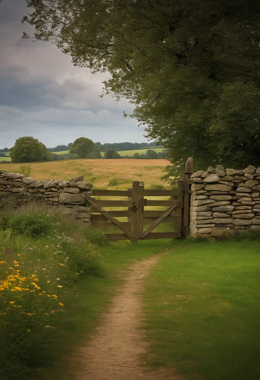 foreground wooden farm gate in old dry stone wall with grass and plants. middle ground English rural farmhouse and trees with a field in front with scattered wildflowers and a path to the gate. atmospheric sky in the background. hi res. realistic.