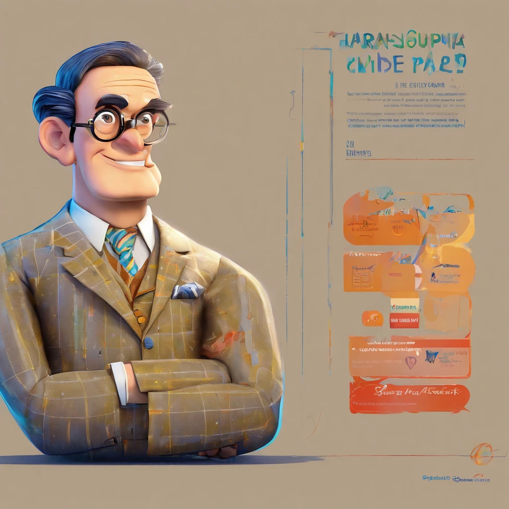 Crie um cartaz inspirado na Disney Pixar com o personagem sendo o Joseph Alois Schumpeter, An Austrian economist and philosopher. Schumpeter was often described as a man of average height, apresentando-se de forma elegante e formal, which was typical of the academics and practitioners of his day. Ele tinha uma testa proeminente, which is often associated with a thoughtful intellectual. Seus olhos eram penetrantes e observadores, reflecting your analytical mind and intellectual curiosity. Schumpeter geralmente era retratado com cabelo curto e escuro, bem penteado, in line with the professional-looking standards of its time.
Their attire often included well-hewn suits, which was the standard attire for men of his rank and time, often complemented by a tie and sometimes a waistcoat, conveying formality and a certain distinction. It was common for him to exhibit a serious and thoughtful expression, in line with his reputation as a respected economist and scholar. the scene will be in Pixar's distinctive digital art style. Focus on character expressions, Vibrant colors and detailed textures present your animations, with the title Schumpeter is wearing a full suit, composto por uma jaqueta, um colarinho e um lapelas. The jacket is gray with buttons, and the collar is blue with stripes pattern. The lapels are also blue, And the man is wearing a black tie with a stripe pattern. Quero a cena dos principais filmes do PIXar