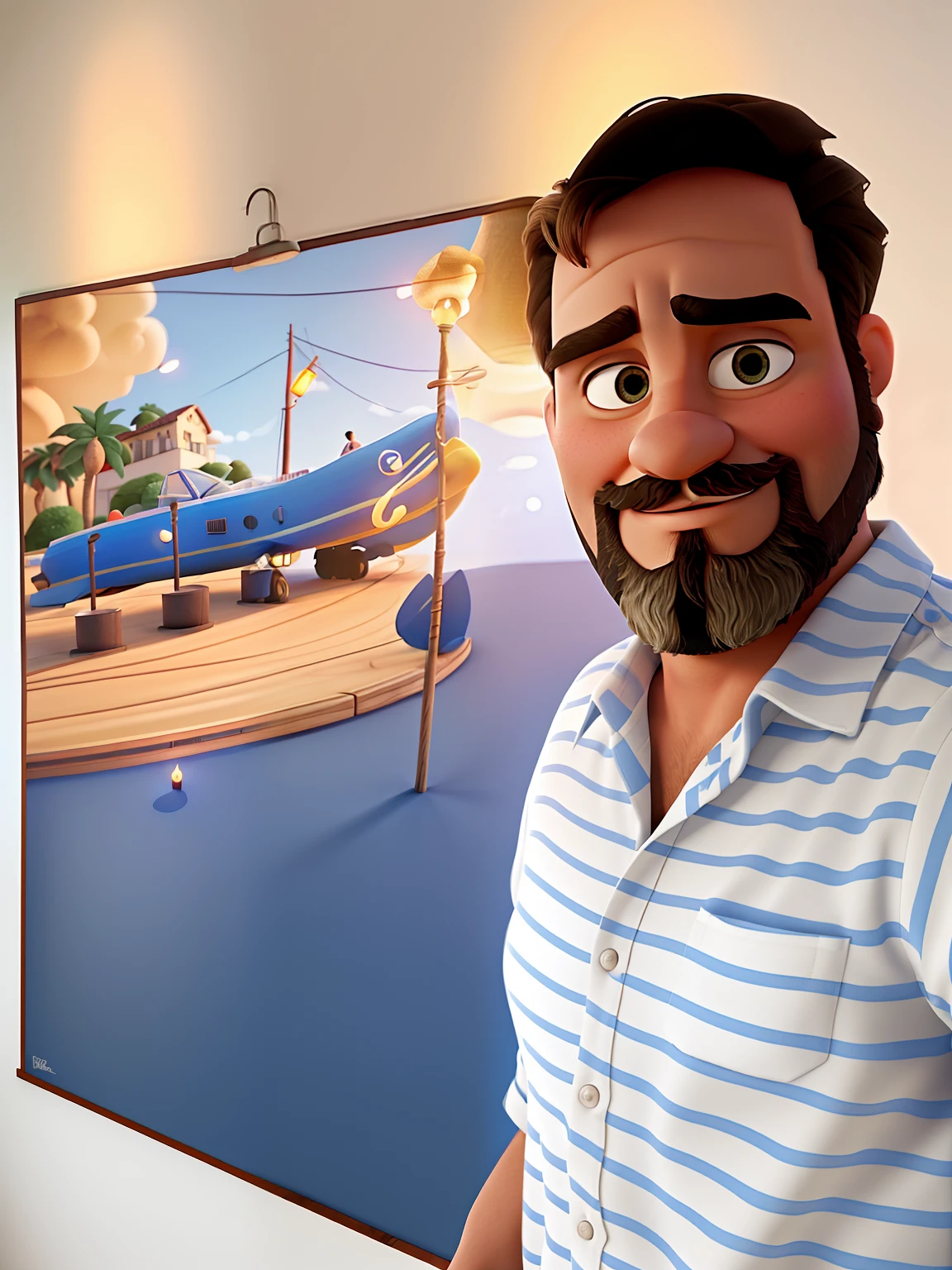 Poster no estilo Disney pixar, alta qualidade, melhor qualidade, homem sexy branco, 30 anos cabelo grisalho barba preta, musculoso, com fundo em um restaurante a luz de velas