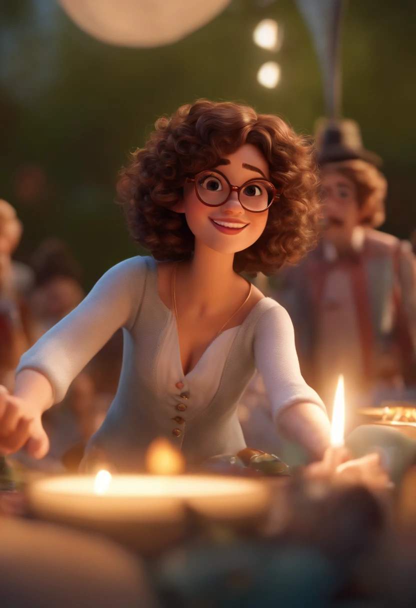 Pixar style image with 3D character white glasses brunette woman short curly hair dancing, Maquiagem Disney,Pescador, bonitinho, sorridente ,Close-up, Pixar, Disney, Cinema lighting,