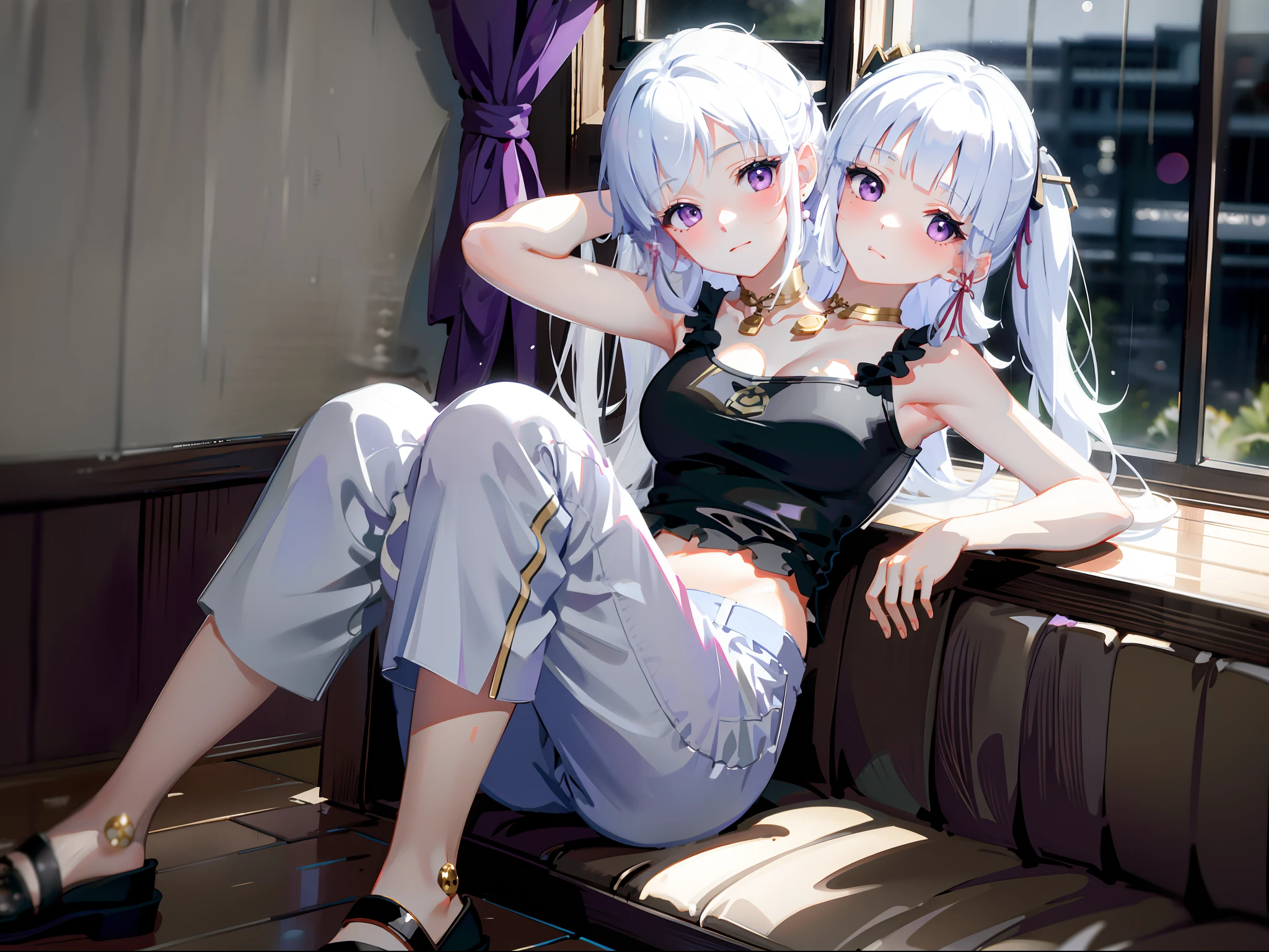 (masterpiece, best quality), best resolution, (2heads:1.5), 1girl, kissing, white hair, purple eyes, ayaka character, eyes halfway closed, black tank top, white polka dot long pants, sitting beside a bedroom window, raining outside, rainy day, dark clouds