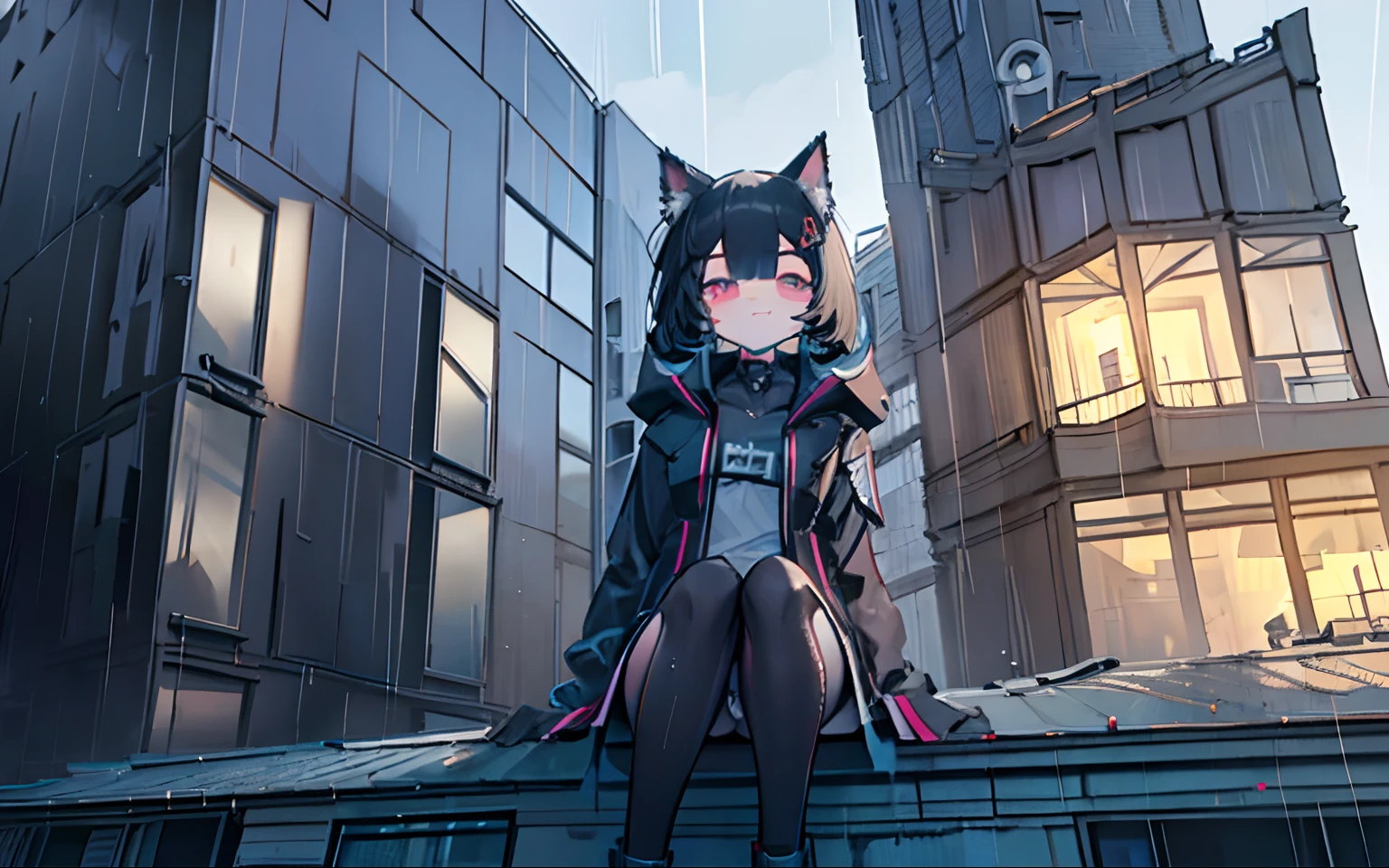 Midnight City (futuristic Tower)(HD, Realistic, 2K, HDR, High Quality, High detail) Cyberpunk, Short hair, (Cat ears), Black coat (with long strips), Raining, exterior, Best quality, cute face (with tiny fang) (beautiful View) View the City, (Full body), [Detailed eyes] focus, (Beautiful view background) (Detailed background) (Rooftop of Tower) (Cute tooth fang), ((Masterpiece)) ((Detail suroundding)), ((Detail face)) pose (looking at the view) (better skin fang) ((Detailed eyes)) palm skin, (Detailed building 1:2)