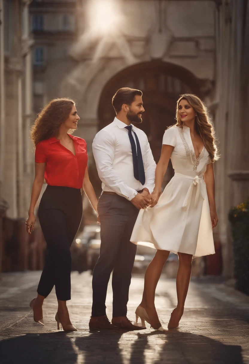 Em frente a um painel da empresa escrito ComfortStar, There are three people. Um homem alto a esquerda de camisa, a short woman in the middle of a white blouse and badge and a man on the right side in a white shirt with a beard.