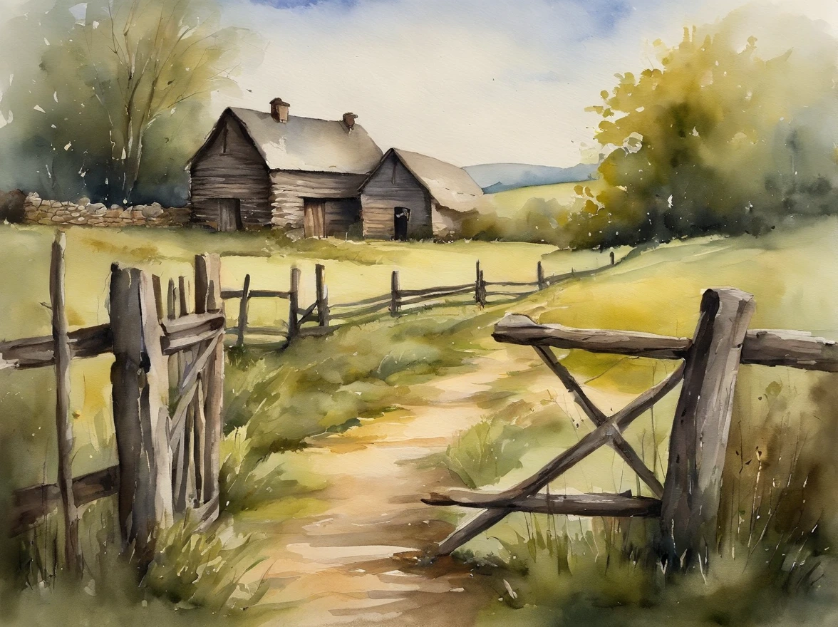 Foreground wooden farm gate,Run down the low stone wall,Overgrown with grass and plants. Farmhouses and trees in the middle ground,There are fields ahead. Atmospheric sky in the background. hi,It's nothing. Realistic.