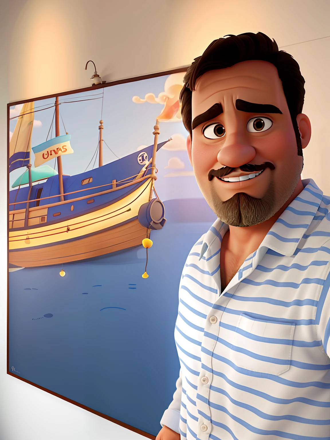 Poster no estilo Disney pixar, alta qualidade, melhor qualidade, homem sexy branco, 30 anos cabelo grisalho barba preta, musculoso, com fundo em um restaurante a luz de velas