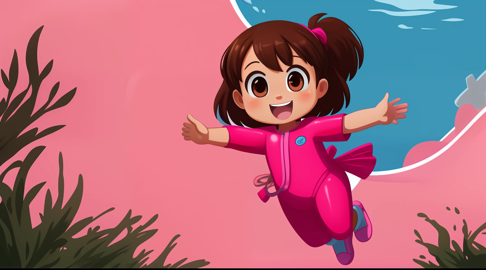 a 5 year old girl diving at the bottom of the ocean among algae and corals, standing, happy, with brown hair, brown eyes, pink cheeks, pink diving suit, pink gloves, pink shoes, 2D childish illustration style.