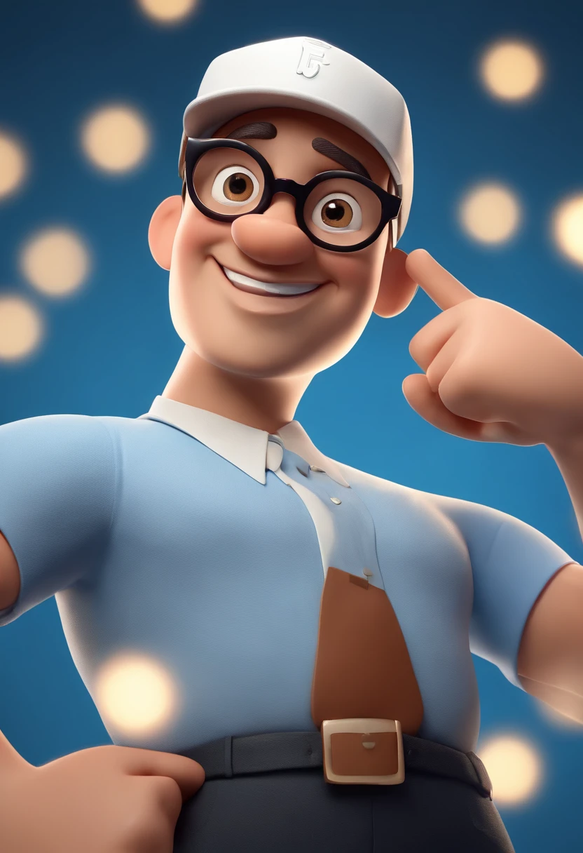 Cartoon character of a man wearing black glasses and a blue shirt, um personagem animado, Caractere estilizado, animation style rendering, 3D estilizado, Arnold Maya render, 3 d render stylized, toon render keyshot, Personagem 3D, Personagem 3D, 3d rendering stylized, 3 d character render, personagem de desenho animado, Personagem de close up, Pose de personagem, (Estilo Pixar) (master part:1.2) (Bokeh) (best quality) (pele detalhada) (textura detalhada) (8k) (argila) (Cinematic lighting) (foco nítido,Senta e vaza a parte superior do corpo
