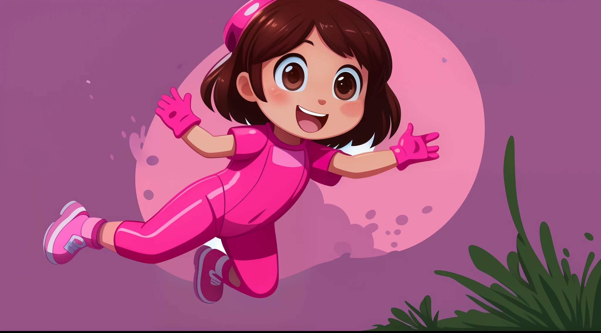 a 5 year old girl diving at the bottom of the ocean among algae and corals, standing, happy, with brown hair, brown eyes, pink cheeks, pink diving suit, pink gloves, pink shoes, 2D childish illustration style.