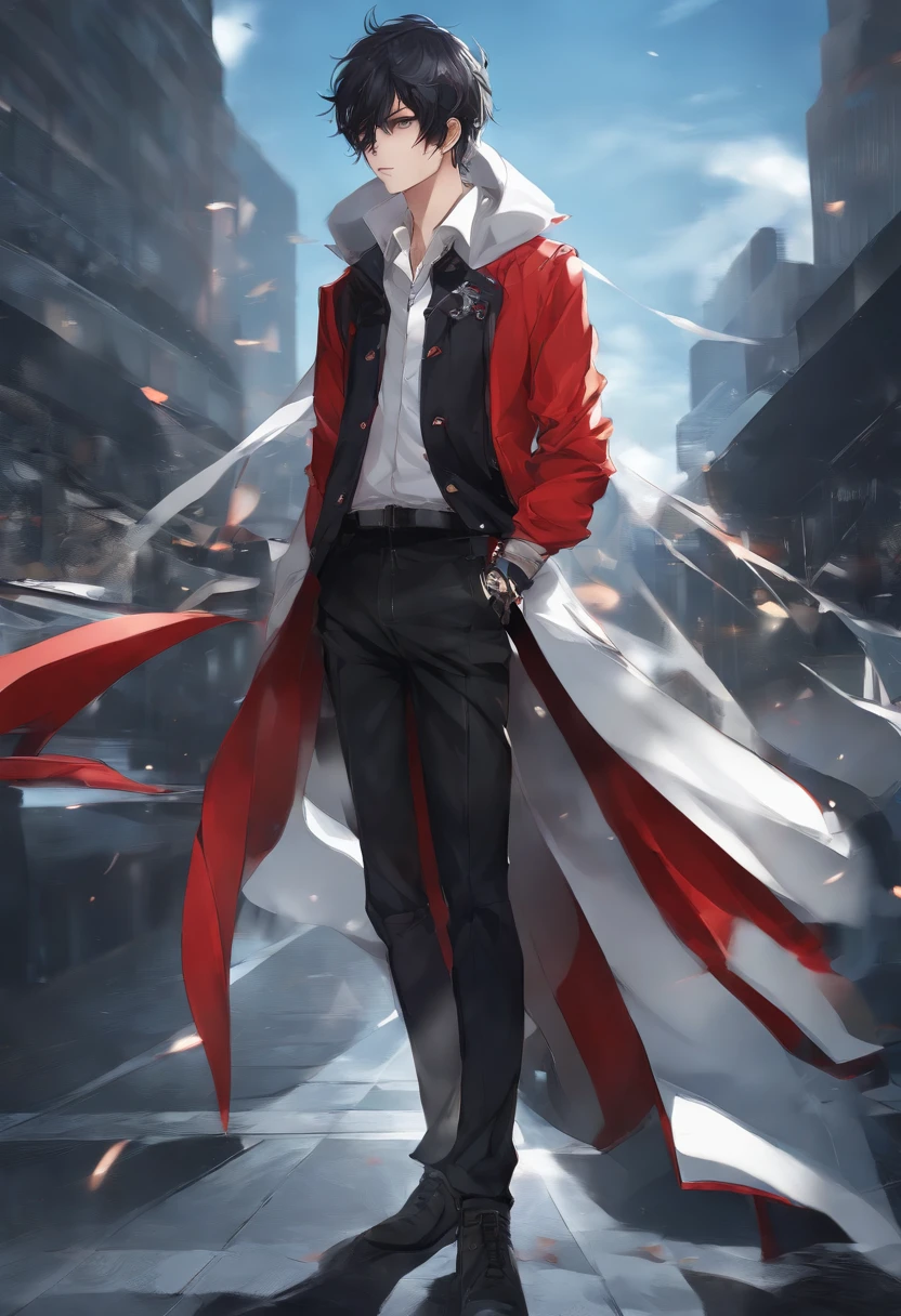 Anime boy wearing black jacket and white shirt with red and blue jacket, style of anime4 K, Badass anime 8 K, trigger anime artstyle, High Quality Anime Art Style, Anime art wallpaper 8 K, Anime art wallpaper 4k, Anime art wallpaper 4 K, Anime boy, 4K anime wallpaper, Tall anime guy with blue eyes, Anime wallpaper 4 k