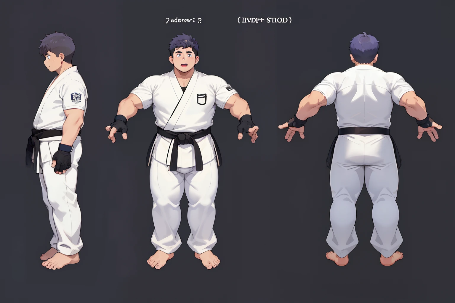 ((1boy_only)), charturnerv2, character_turnaround, character_sheet, ((3views)), reference_sheet, (chubby:1.2, stocky:1.2), ((white judo gi)), ((dougi)), barefoot, ((long pants)), (bara:1.2), (shota:0.25), buzz_cut, full body shot, ((cool, cute, awesome)), (fingerless gloves), (chubby_face:0.8), (solid_background)