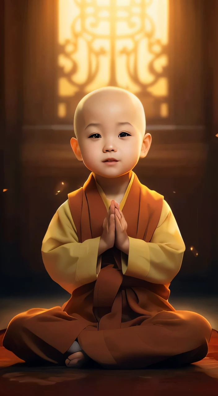 Close-up of a  sitting on the floor in a monk's robe, lovely digital painting, Pray with both hands，monk clothes, avatar aang, he is greeting you warmly, Buddhist, aang, yanjun cheng, concept art of a monk, monk, wojtek fus, buddhist monk, beautiful avatar picture, Yan, littling nun outfit, author：Yu Zheding