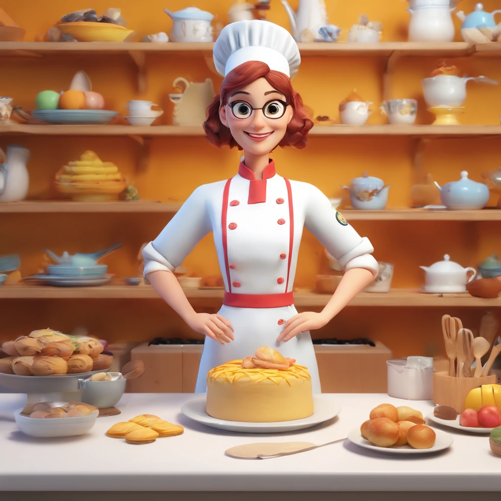 Crie uma cena de desenho animado  estilo 3d -Pixar, Onde uma mulher, de cabelos lisos castanhos com 35 anos de idade, She's cooking dressed as a pastry chef.