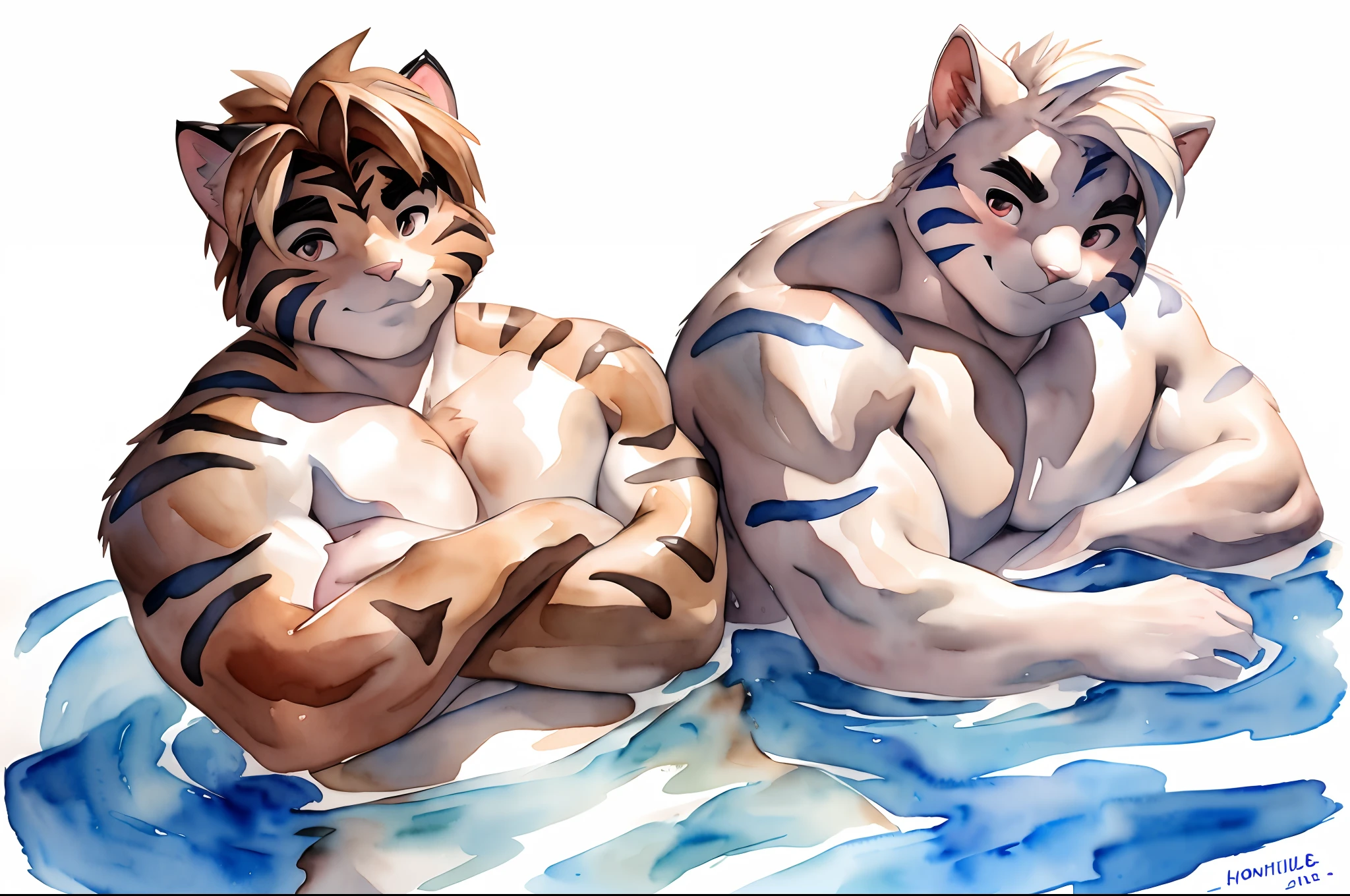 Hominidae, Pose for Camera. 4K, high resolution, Best quality, posted on e621, (Two anthropomorphic cats:1.2), anthropomorphic cat, male people, 20yr old, Thick eyebrows, White fur, shaggy, Strong body, large pecs, ((Shirtless)), They are next to each other, Pink milk clusters, Soak in natural hot springs, Partially submerged, spread thighs, stretched action, (sport, Muscular, Heavyweight:1.2), Correct anatomy, (White background, Watercolor background:1.1), (by Chunie, author:Taran Fidler:0.8), (Detailed eyes:1.2), Sexy, (cel-shaded:1.2), cartoon shading, (aquarelle:1.2), is shy, Be red in the face, (view the viewer:1.2), Look ahead