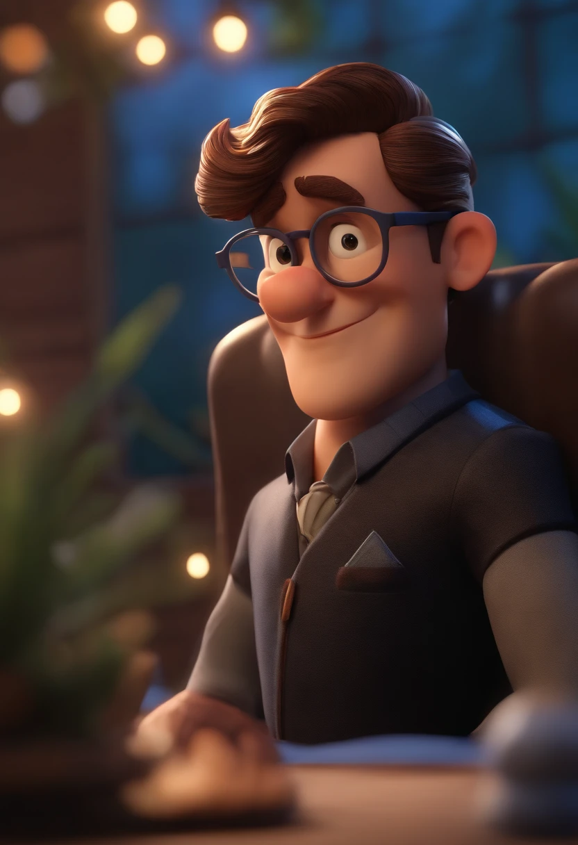 Cartoon character of a man wearing black glasses and a blue shirt, um personagem animado, Caractere estilizado, animation style rendering, 3D estilizado, Arnold Maya render, 3 d render stylized, toon render keyshot, Personagem 3D, Personagem 3D, 3d rendering stylized, 3 d character render, personagem de desenho animado, Personagem de close up, Pose de personagem, (Estilo Pixar) (master part:1.2) (Bokeh) (best quality) (pele detalhada) (textura detalhada) (8k) (argila) (Cinematic lighting) (foco nítido,Senta e vaza a parte superior do corpo