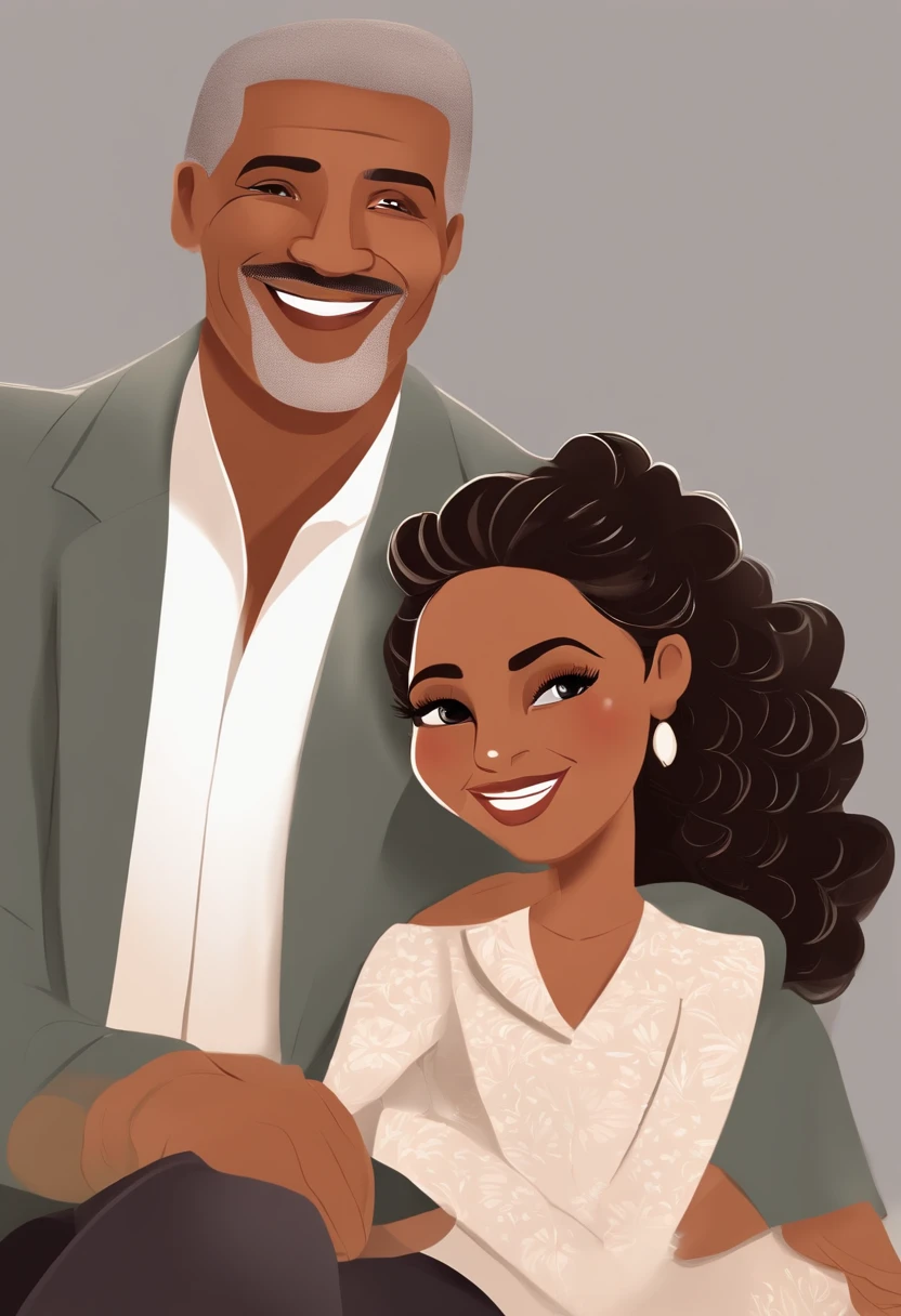 An illustration of an adorable 50-year-old couple, featuring a smiling mulatto man and a brunette woman with beautiful expressive eyes – the man's skin is mulatto and the man's hair is gray, while the woman's skin is mulatto and the woman's hair is straight and gray. They are a bright room, each with a smile on their face, the two holding the image of a saint and sharing a special moment characterized by love, insights. Illustrate this scene from a perspective where they're facing the camera, smiling and showing their connection. Develop this art in Full HD, Focus on your cinematic touch, Disney Pixar Animations style