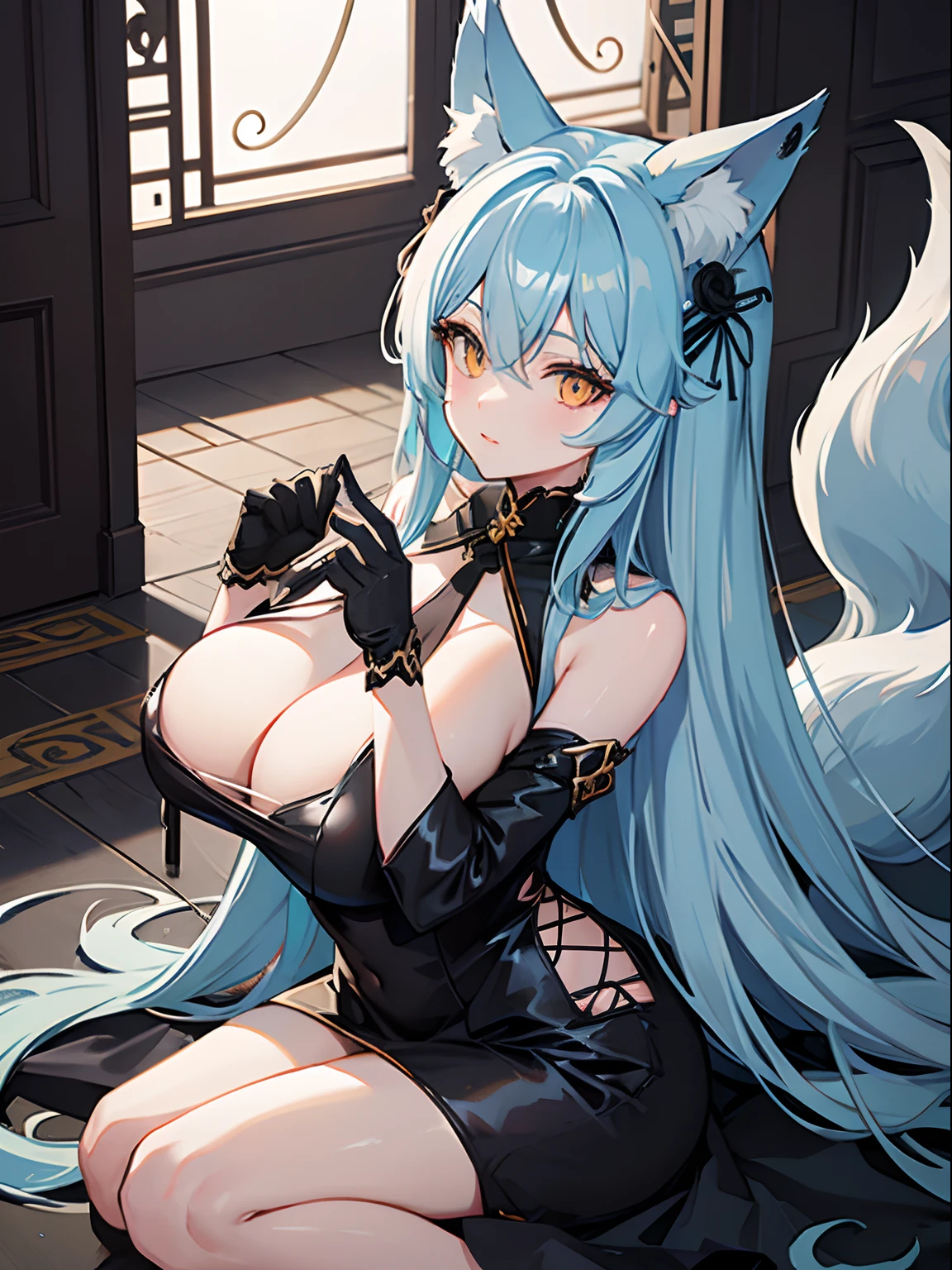 Long Hair, Light Blue Hair, Yellow Eyes, Heart pupils, bare shoulder, Fox Ears, 9 Tails, Big Boobs, Wearing Black Dress, Nighttime, Wearing Black Gloves, Inside a house
