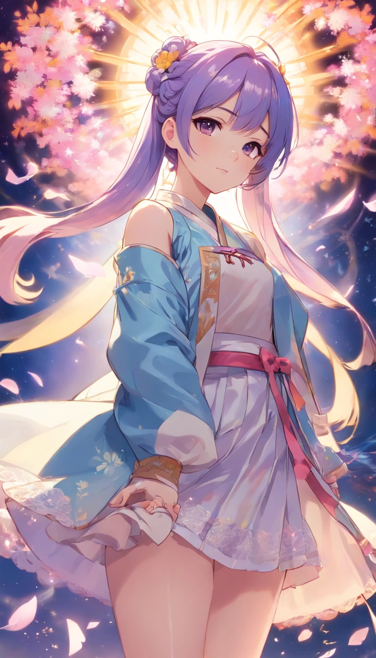 Dynamic Angle, ((Pose all over the body:1.5), (Colorful:1.2), (Extremely detailed CG Unity 16k wallpaper:1.1), (Noise Removal Strength: 1.45), (tmasterpiece:1.37), ((offcial art)), (Colorful:1.2), (Bare shoulders:0.85), ((terrazzo, Starry sky, (( 8K wallpaper)), Starry background, Ultra detailed, Beautiful and aesthetic, Beautiful, ultraclear, Best quality)), 1girll, (in clouds of smoke:1.1), (Dynamic smoke is everywhere:1.4), (1 Chinese pattern in the middle of the girl's forehead),White double ponytail,Buns with round sides on both sides。Double ponytails come out of the round bun,The bangs on the right have braids,A girl with a weak temperament, (epic cinematic), Soft natural light, rim-light, Absurd, Amazing, Funny, 复杂, ultra - detailed, Pink flowers, White, Pink flowers, Full-body image, Shen Lixin, ((Lace-up thigh boots)), full bodyesbian, Blunt bangs, a white long skirt,Printed with purple flowers and a blue veil adorned coat, (( brownfootwear)), White long sleeves, cross-laced footwear, side locks, Pale yellow hat, Red print white pantyhose, Yellow and blue flowers, Ayaka Kamisato, (Besis heroin), Slim, Ul, pastelcolor, god light, Sparkle, Glowing light, ((Masterpiece)), ((Best quality)), Masterpiece, Best quality, hyper HD, Award-Awarded,whaite hair