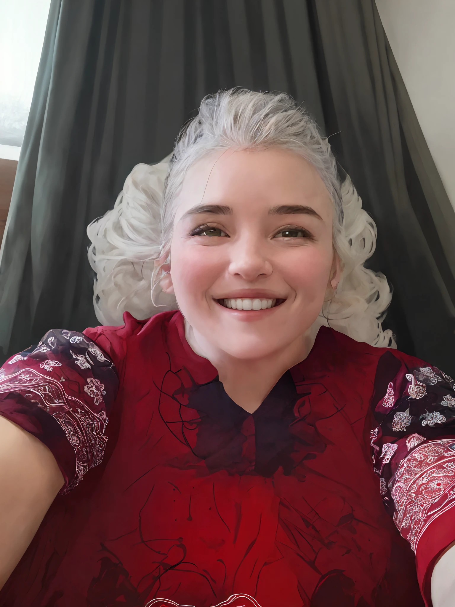mulher sorridente na camisa vermelha sentada na cadeira com cortinas verdes, relaxing and smiling at camera, last photo, imagem de perfil, happily smiling at the camera, foto do perfil, morning sunlight, foto de perfil, vestindo uma bata hospitalar, someone in home sits in bed, foto do snapchat, foto selfie, muito bobo olhando, muito ligeiramente sorridente, 3 0 anos mulher, 4 5 I