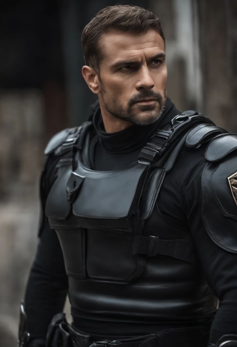 extremaHomenste detalhado, very realistic, very sharp, hiper-realista, hyper realistic, best quality, arma, Standing, glossy, coldre, Rosto longo adulto, 50 anos, sharp jaw, visible face, cabelos muito curtos, rosto, Rosto adulto, cara longa, rough face, capacete, sem pele, pose militar, capacete, coldre, harness, Black Latex Dieselpunk Police, Banhado, pauldrons pesados, em linha, Homens