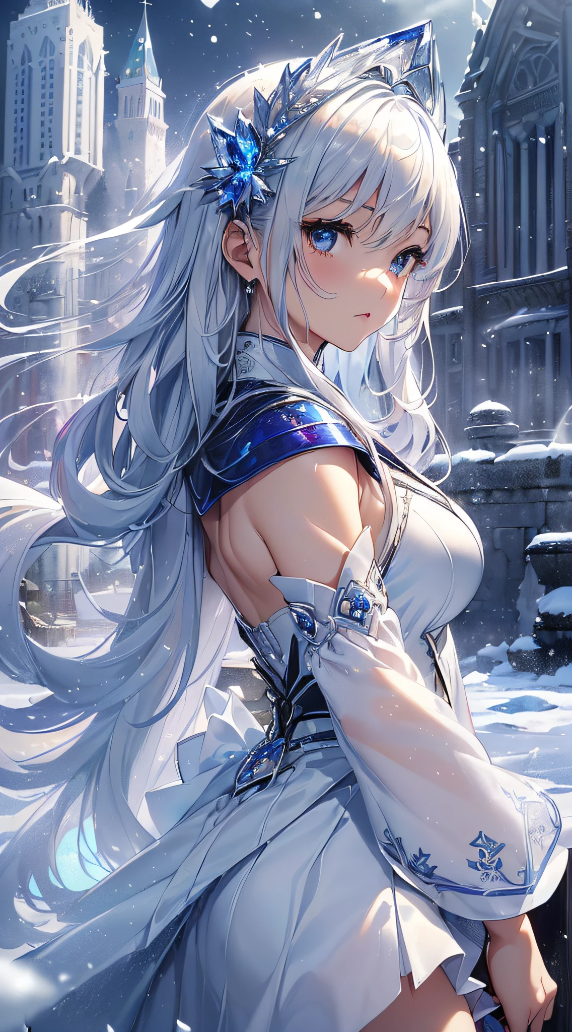 top-quality、Top image quality、​masterpiece、girl with((18year old、Best Bust、Medium bust、Bust 85,beautiful silver eyes、Breasts wide open,Semi-long hair in white silver、A slender、Large valleys、Reflecting the whole body、White Japanese Clothing、White short skirt、With an ice sword、Ice Magic Circle、Serious face、Sapphire Hair Ornament、close range、posterior view、Turn around)）、hiquality、Beautiful Art、Background with((City of Ice、Iceville、ice tower、snow blowing、Oyuki、Snow World、Iceburn、Ice Castle))、masutepiece、visualart、depth of fields、Freezing of vision