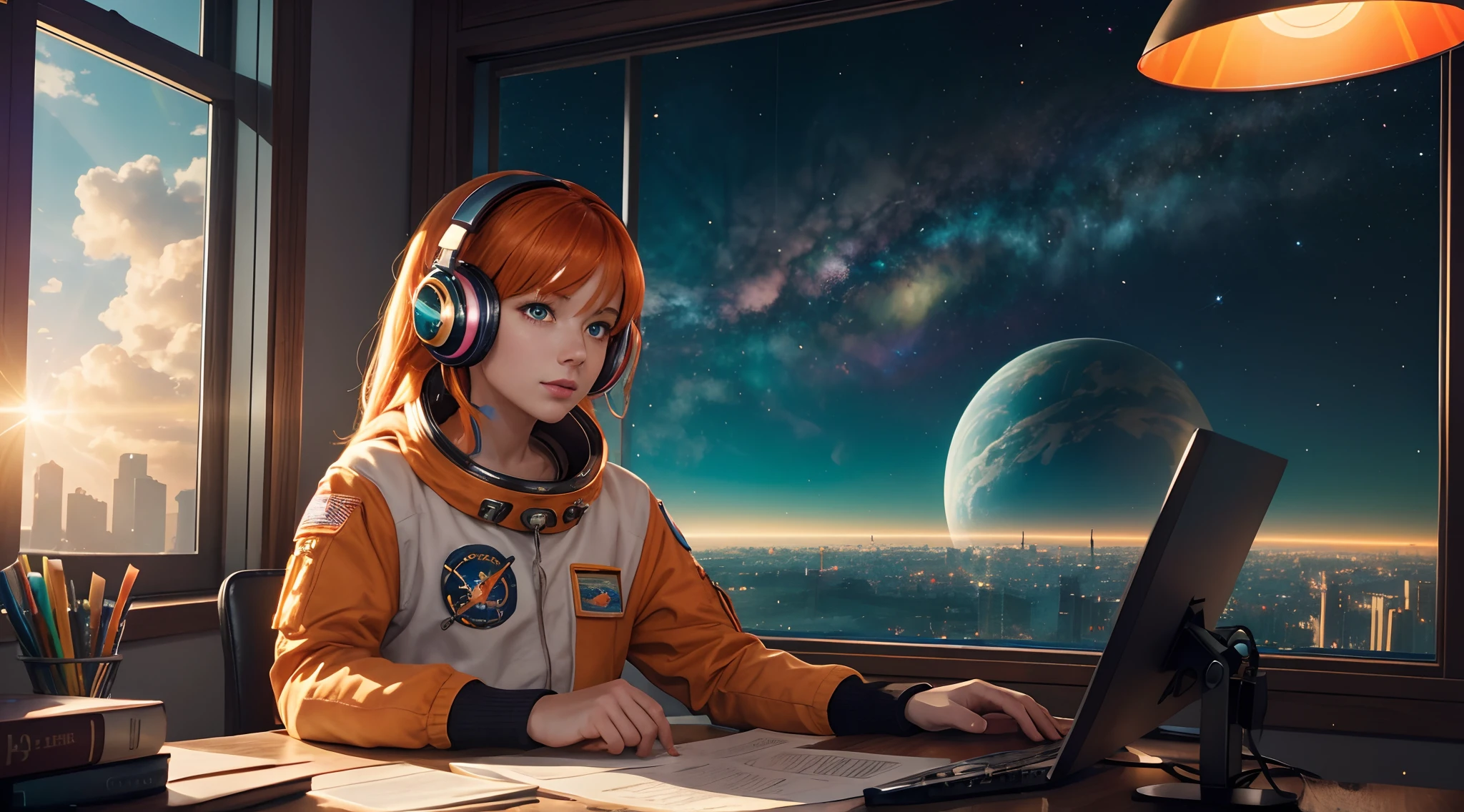 {{masterpiece}}, best quality, extremely detailed CG unity 8k wallpaper, anime style, cinematic lighting, lens flare, astronaut seat on desk full of books and computer, orange racoon pet,window to colorful galaxies, listening headphones music, side glance, orange hair, green eyes, show computer display, colorful light, particles, heterochromia, (colorful:1.5),
