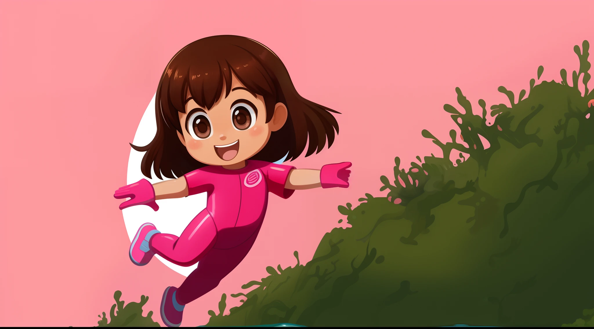 a 5 year old girl diving at the bottom of the ocean among algae and corals, standing, happy, with brown hair, brown eyes, pink cheeks, pink diving suit, pink gloves, pink shoes, 2D childish illustration style.