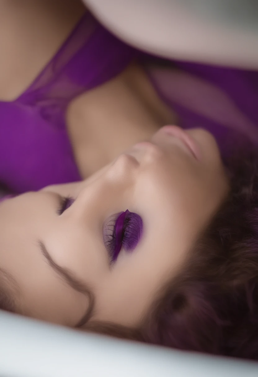 sozinho, 1girl, Purple eyes, cabelo roxo, bolha, Olhando para o Viewer, retrato, olhos semifechados, short hair, boca fechada,bolhas brilhantes,Bolhas, cor brilhante na bolha, bolhas reflexivas,Bolhas ,bolhas ao redor, Virando bolha