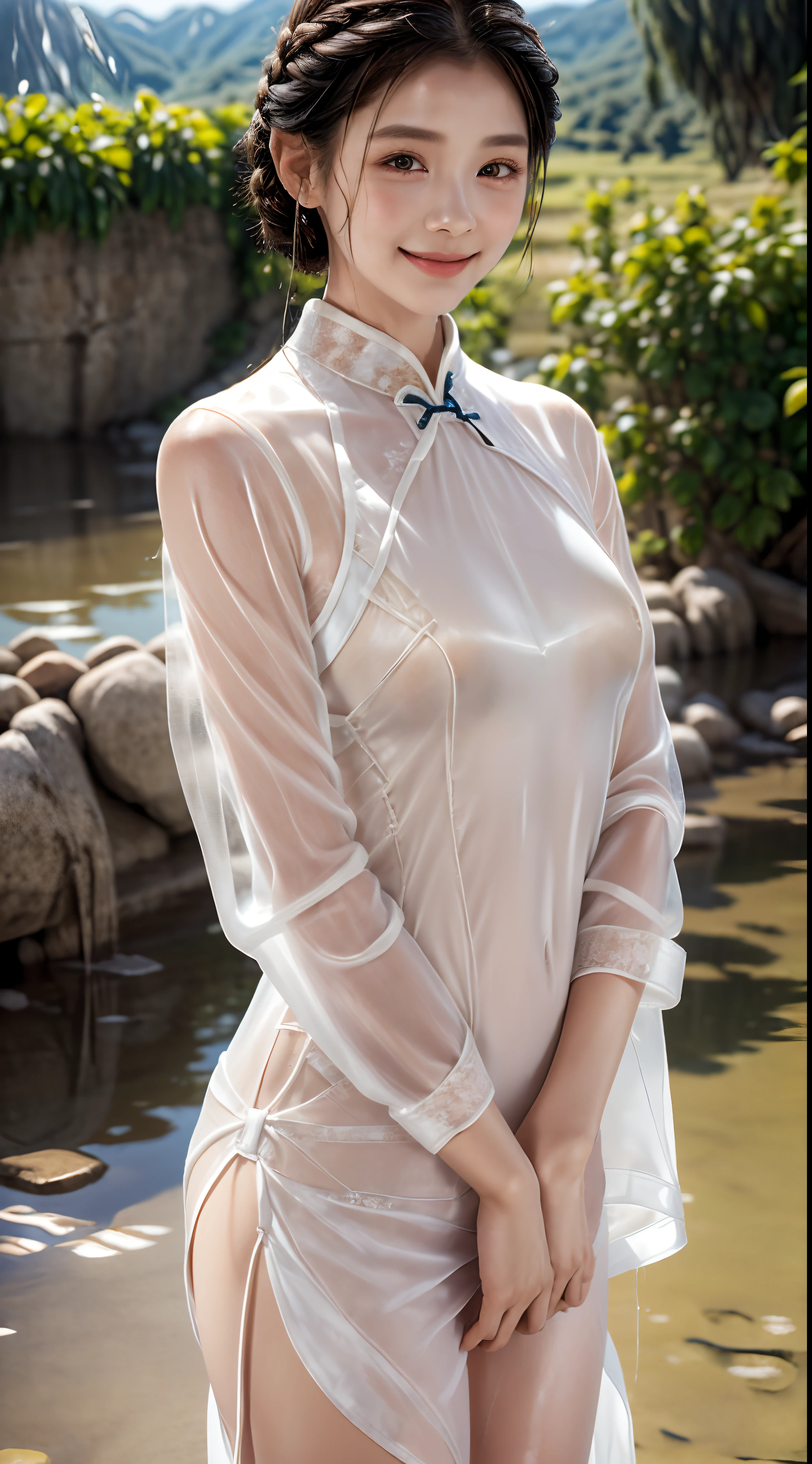 femele,１2 years ,japanes,Brown hair,(((White Silk Cheongsam))),Beautiful short hair,,Hair fastening to bangs,,((()),Natural smile,((())),Braids.(((Clothes are wet and see-through))),sand beach,((())),