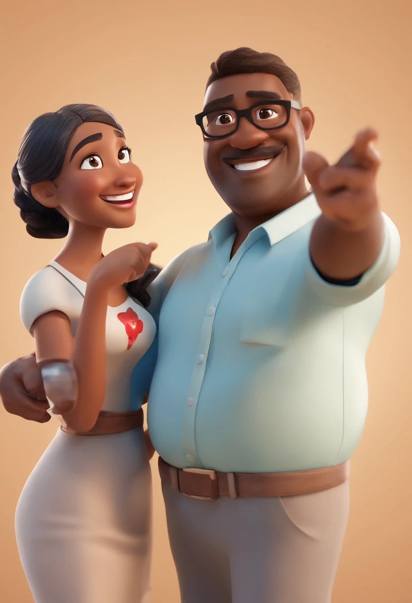 An illustration of an adorable 50-year-old couple, featuring a smiling brown skin man and a brunette woman with beautiful expressive eyes – the man's skin is brown skin and the man's hair is gray, while the woman's skin is mulatto and the woman's hair is straight and gray. They are a bright room, each with a smile on their face, the two holding the image of a saint and sharing a special moment characterized by love, insights. Illustrate this scene from a perspective where they're facing the camera, smiling and showing their connection. Develop this art in Full HD, Focus on your cinematic touch, Disney Pixar Animations style