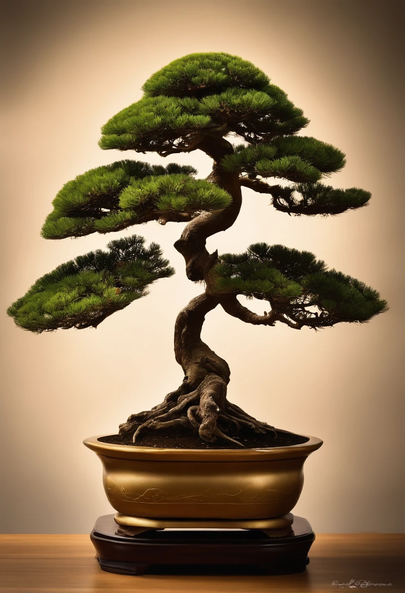 "Por favor, crie uma imagem de um bonsai no estilo bunjing, where the composition and proportions are in harmony with the golden ratio. Certifique-se de que os detalhes, como os galhos e as folhas, are perfectly in tune with this ratio, Enhancing the natural beauty of bonsai and the aesthetics of bunjing style. The image should capture the tranquil and serene essence of bonsai, with special attention to the symmetry and balance provided by the golden ratio. Feel free to add background elements or adjust the lighting, if necessary, to create a visually stunning representation of bonsai in the golden ratio