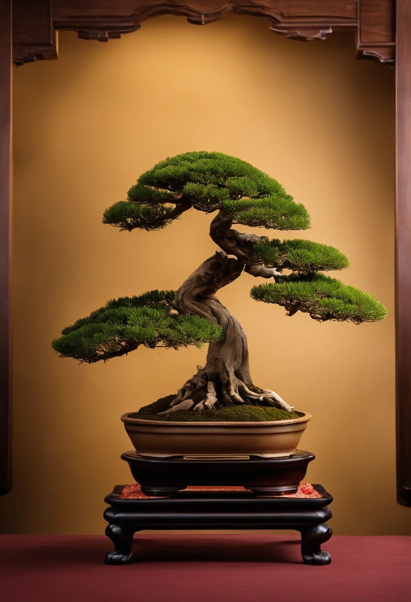 "Por favor, crie uma imagem de um bonsai no estilo bunjing, where the composition and proportions are in harmony with the golden ratio. Certifique-se de que os detalhes, como os galhos e as folhas, are perfectly in tune with this ratio, Enhancing the natural beauty of bonsai and the aesthetics of bunjing style. The image should capture the tranquil and serene essence of bonsai, with special attention to the symmetry and balance provided by the golden ratio. Feel free to add background elements or adjust the lighting, if necessary, to create a visually stunning representation of bonsai in the golden ratio