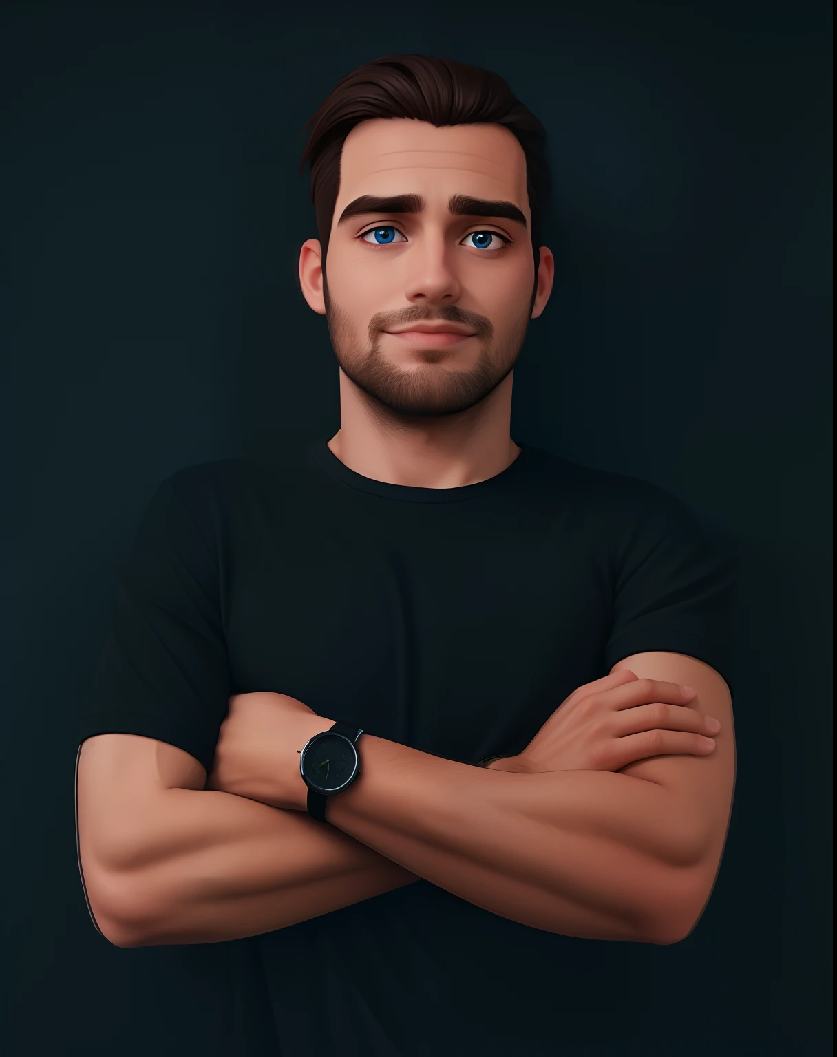 Man, 32 years with blue eyes wearing black t shirt in a black wall