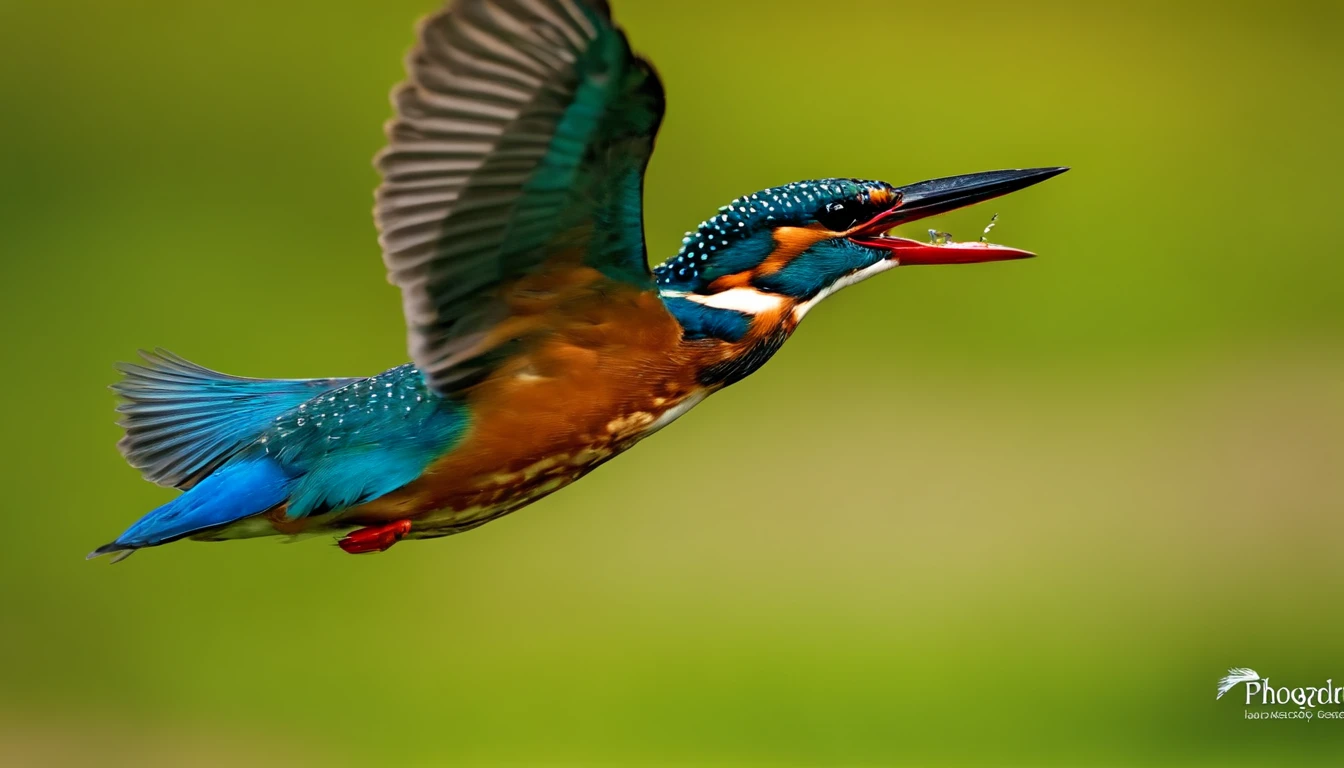 A kingfisher flies over the water,Fish in the mouth,Water droplets fly,Features,Natural soft light,《National Geographic》photore,In the forest,looking menacing, Surrealists, Photogram, Very high resolution photos,Canon RF600 F4L