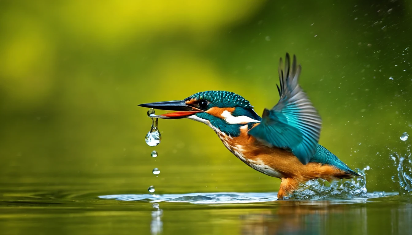 A kingfisher flies over the water,Fish in the mouth,Water droplets fly,Features,Natural soft light,《National Geographic》photore,In the forest,looking menacing, Surrealists, Photogram, Very high resolution photos,Canon RF600 F4L