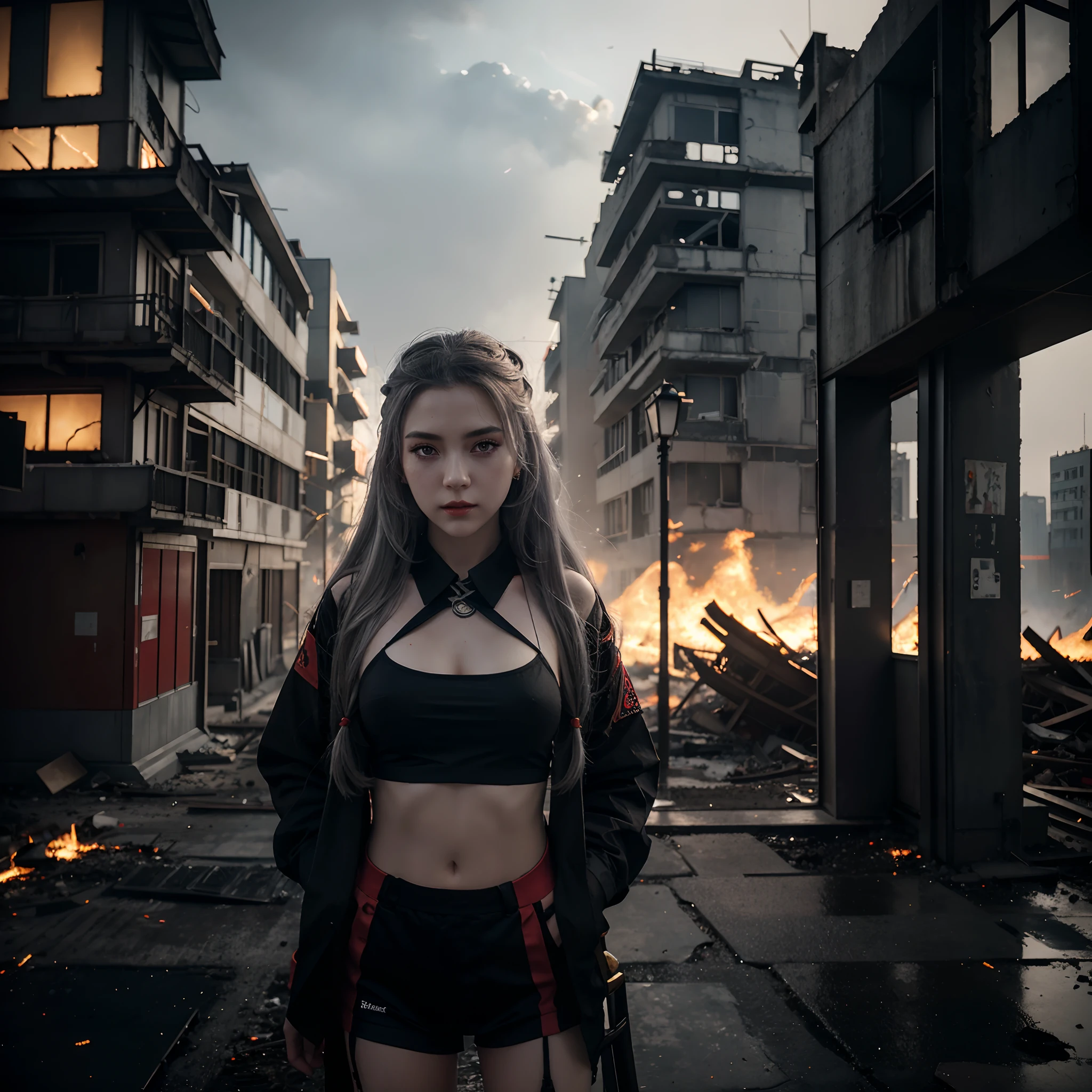 a girl with long silver hair, beautiful detailed eyes, and red lips with long eyelashes, wearing a black and red school uniform, holding a Japanese katana, standing in a post-apocalyptic city with destroyed buildings and crumbling skyscrapers, surrounded by flames and smoke. The artwork should be in a highly detailed hand-drawn Japanese anime style with vibrant colors and dynamic lighting. The scene should have an intense and dramatic atmosphere with a dark and desolate color palette and strong contrasts between light and shadow. The artwork should be of the best quality, with a resolution of 4K or higher, and it should strive for photorealism and capture the essence of the Honkai Impact game.