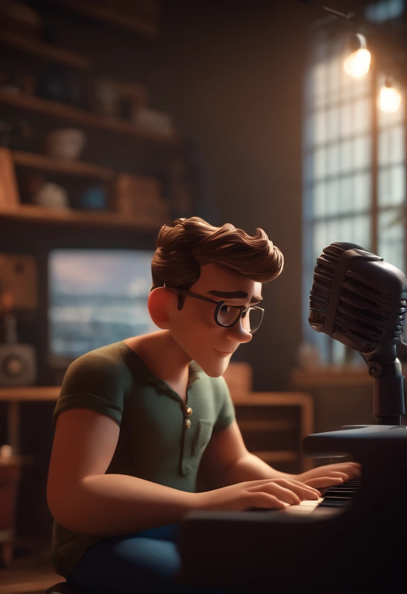um homem, em breve, barba curta escura, careca, olhos castanhos, A music studio in the background, Imagem no estilo Pixar, Estilo de filme animado 3D, Disney, camiseta preta
